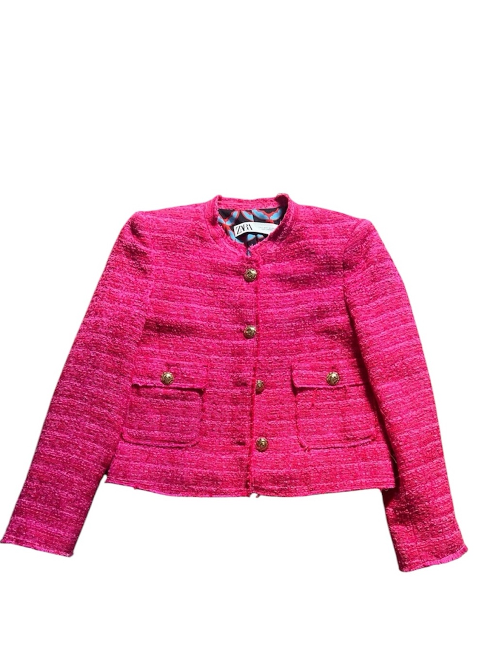 Zara Bright Pink Tweed Button-Front Jacket